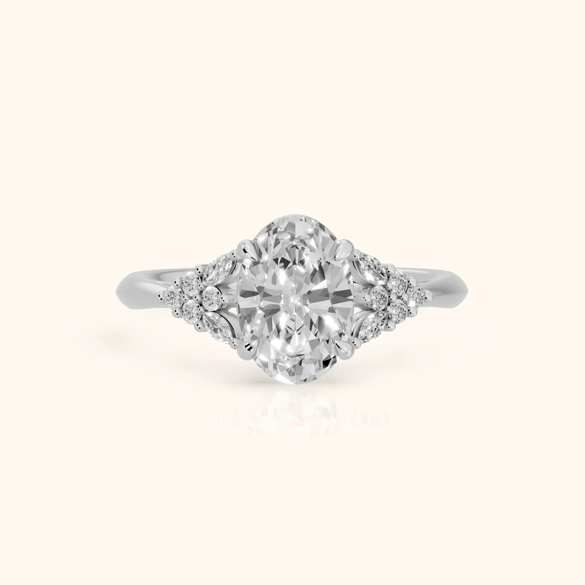 Fern Knife Edge Cluster Oval Diamond Engagement Ring in Silver — view 1