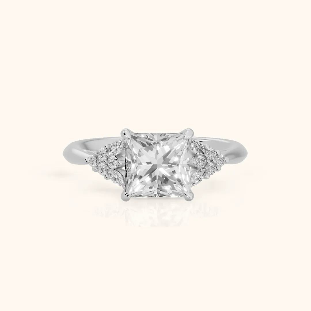 Fern Knife Edge Cluster Princess Diamond Engagement Ring in Silver — view 2