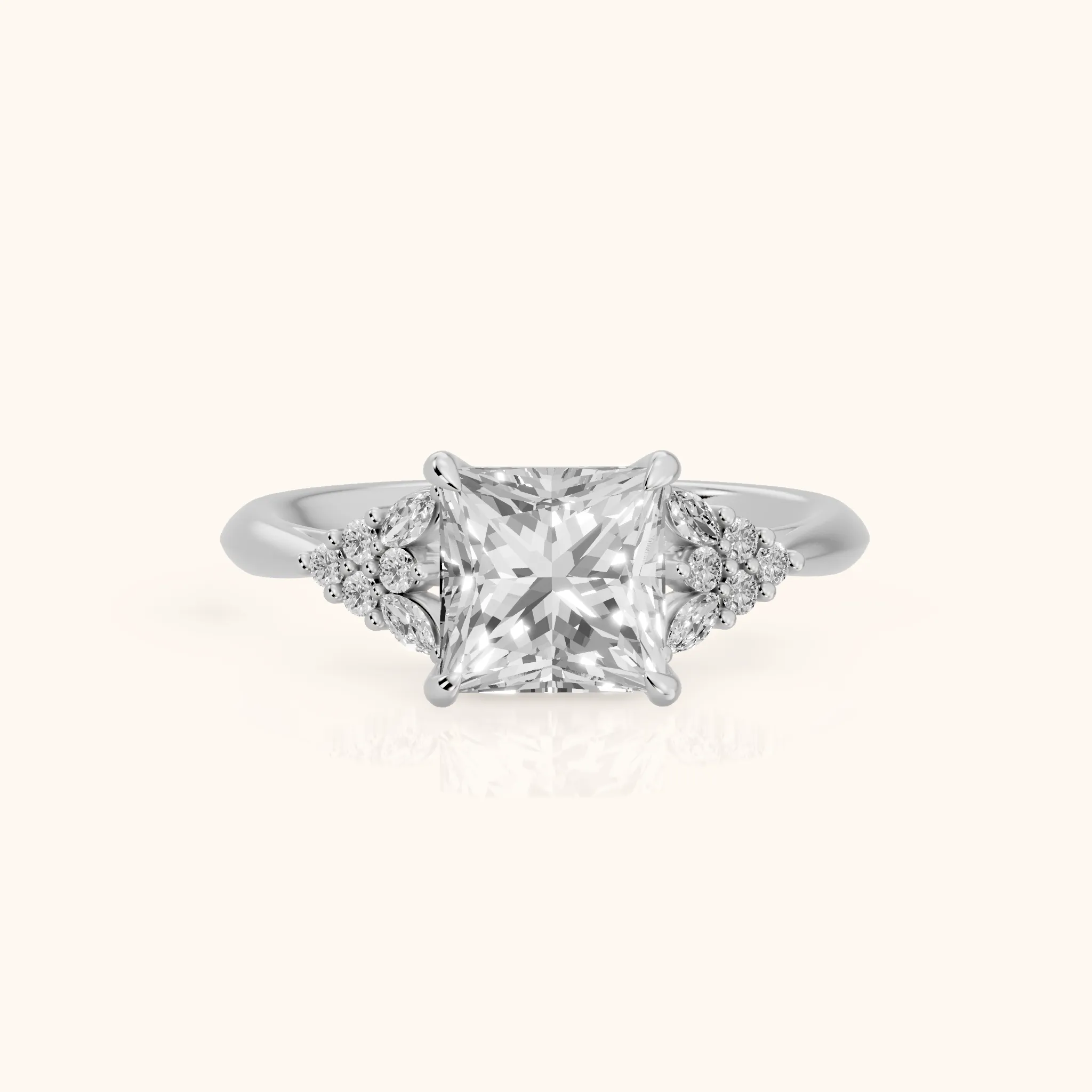 Fern Knife Edge Cluster Princess Diamond Engagement Ring in Silver — view 1