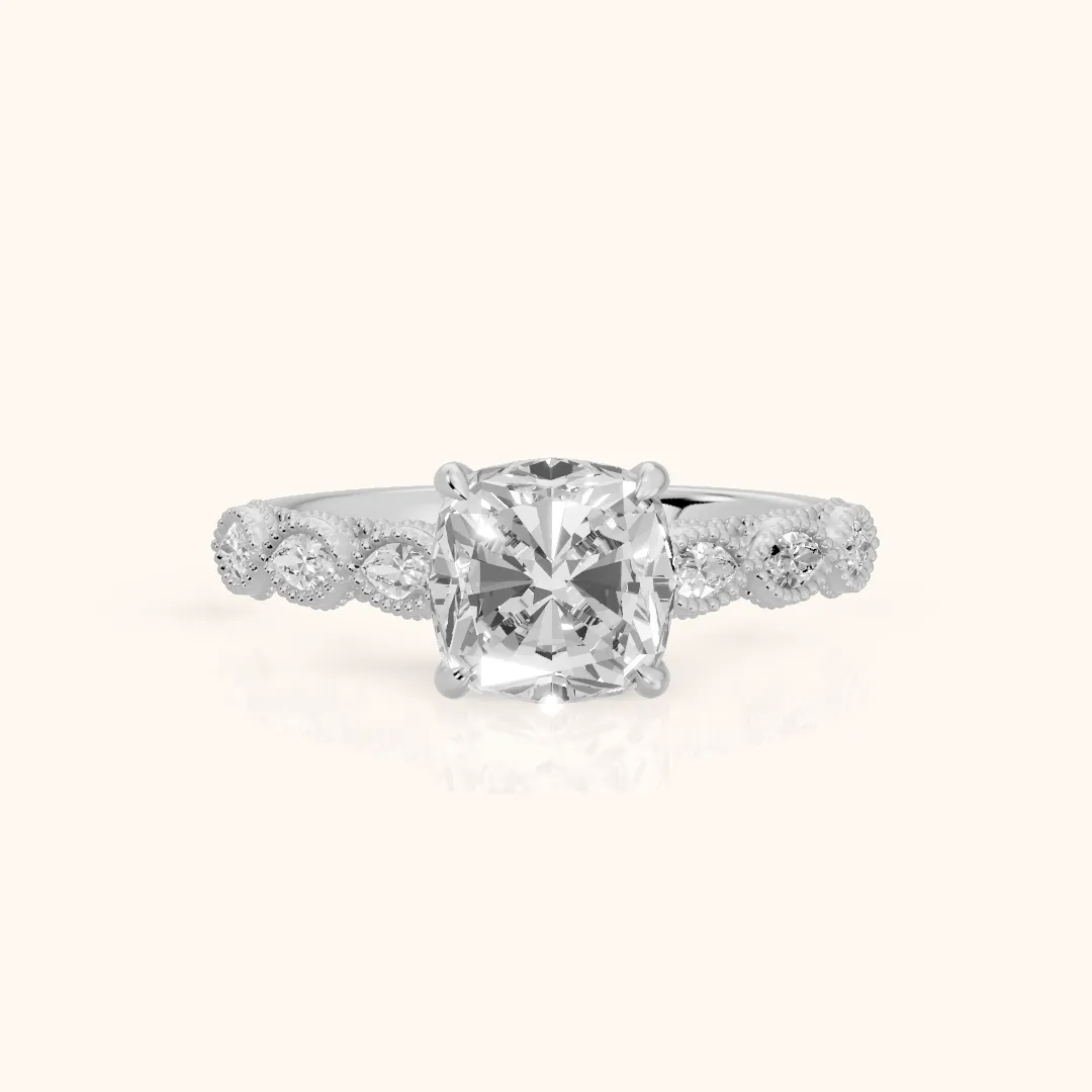 Freya Milgrain Leaf Cushion Diamond Engagement Ring in Silver — view 2