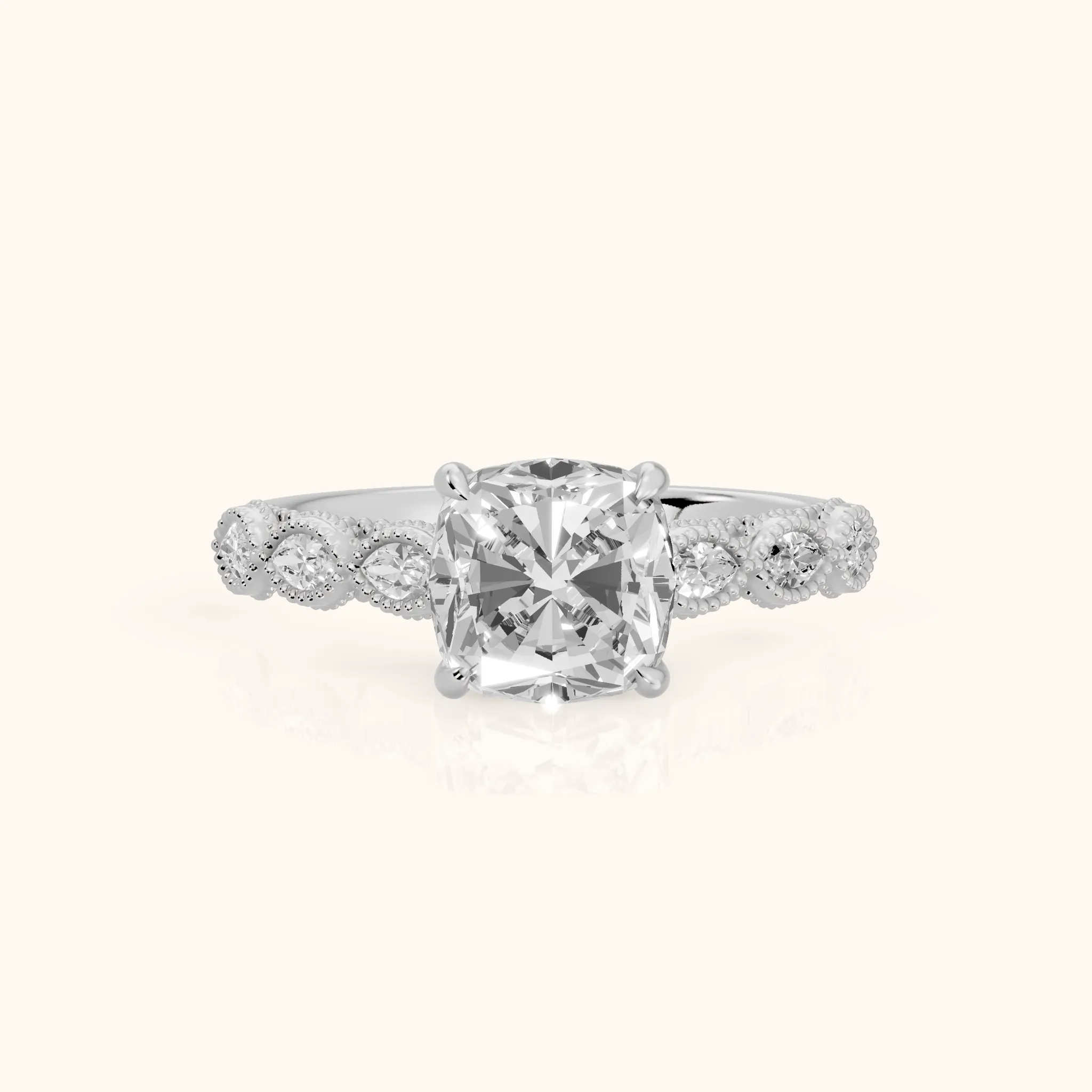 Freya Milgrain Leaf Cushion Diamond Engagement Ring in Silver — view 1