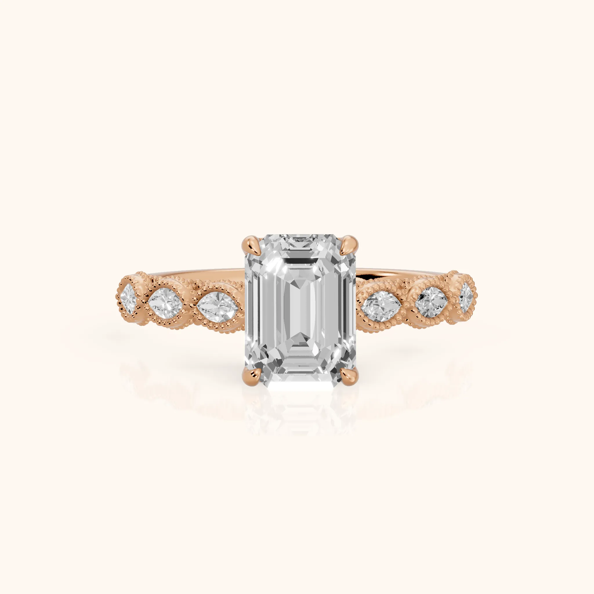 Freya Milgrain Leaf Emerald Diamond Engagement Ring in Rose Gold — view 1