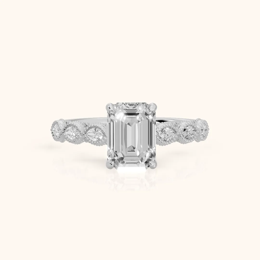 Freya Milgrain Leaf Emerald Diamond Engagement Ring in Silver — view 2