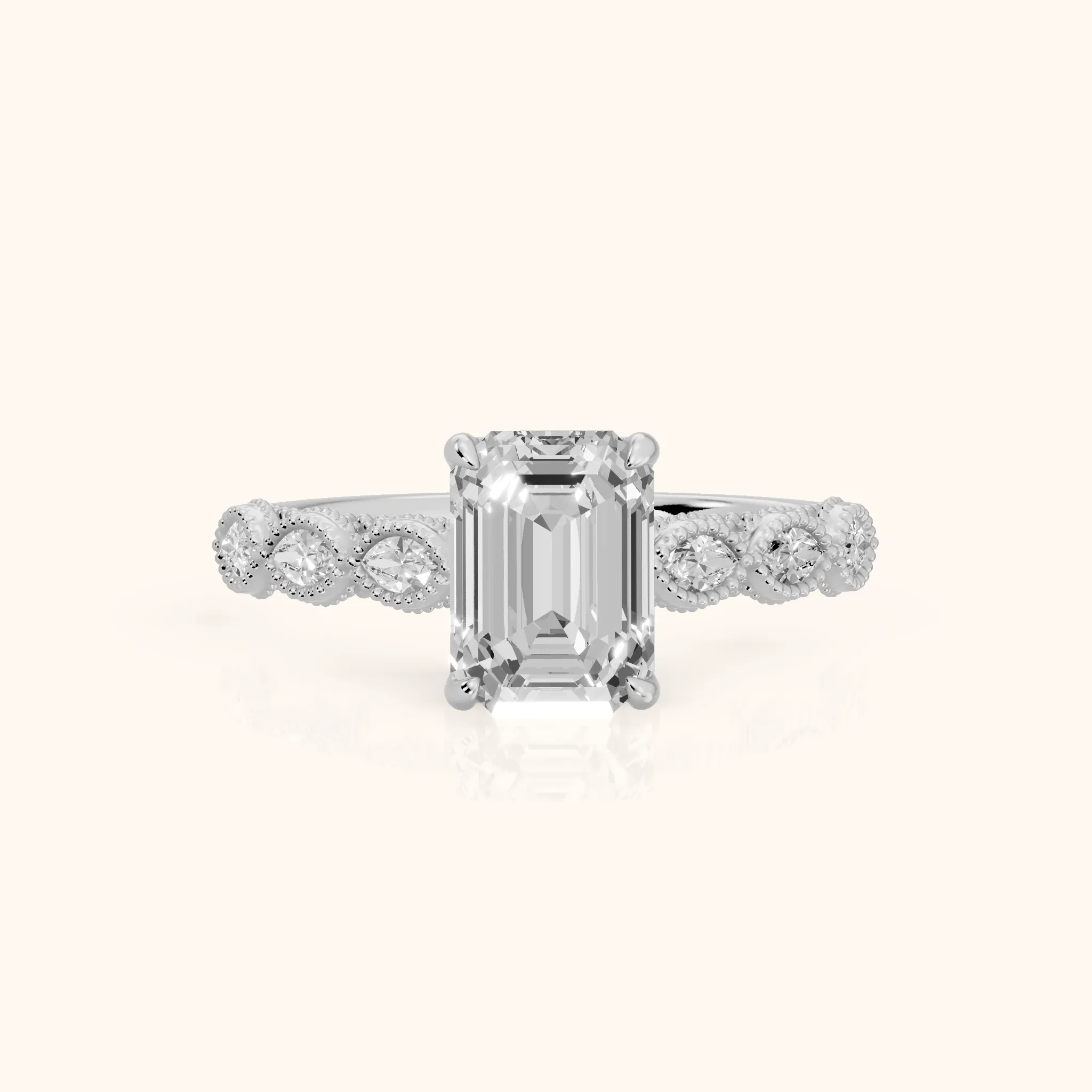 Freya Milgrain Leaf Emerald Diamond Engagement Ring in Silver — view 1