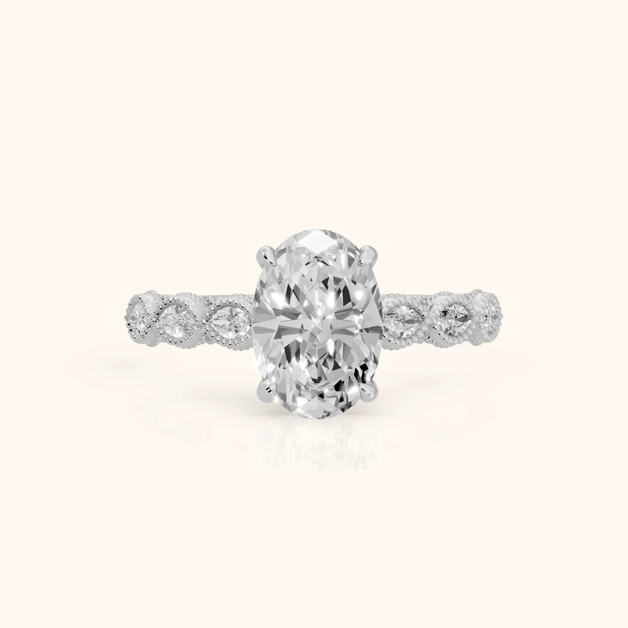 Freya Milgrain Leaf Oval Diamond Engagement Ring in White Gold — view 1