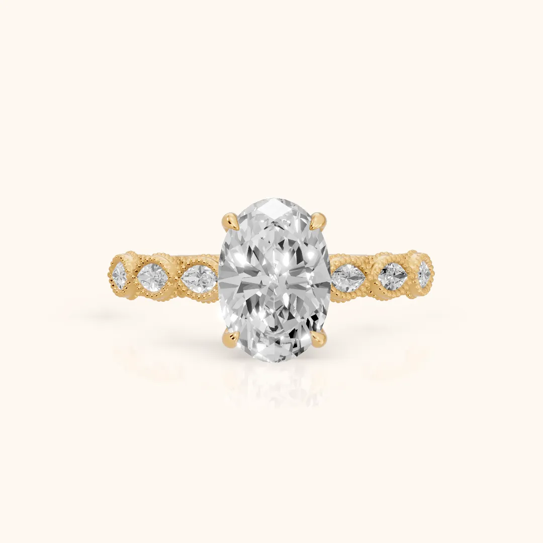 Freya Milgrain Leaf Oval Diamond Engagement Ring in Yellow Gold — view 2