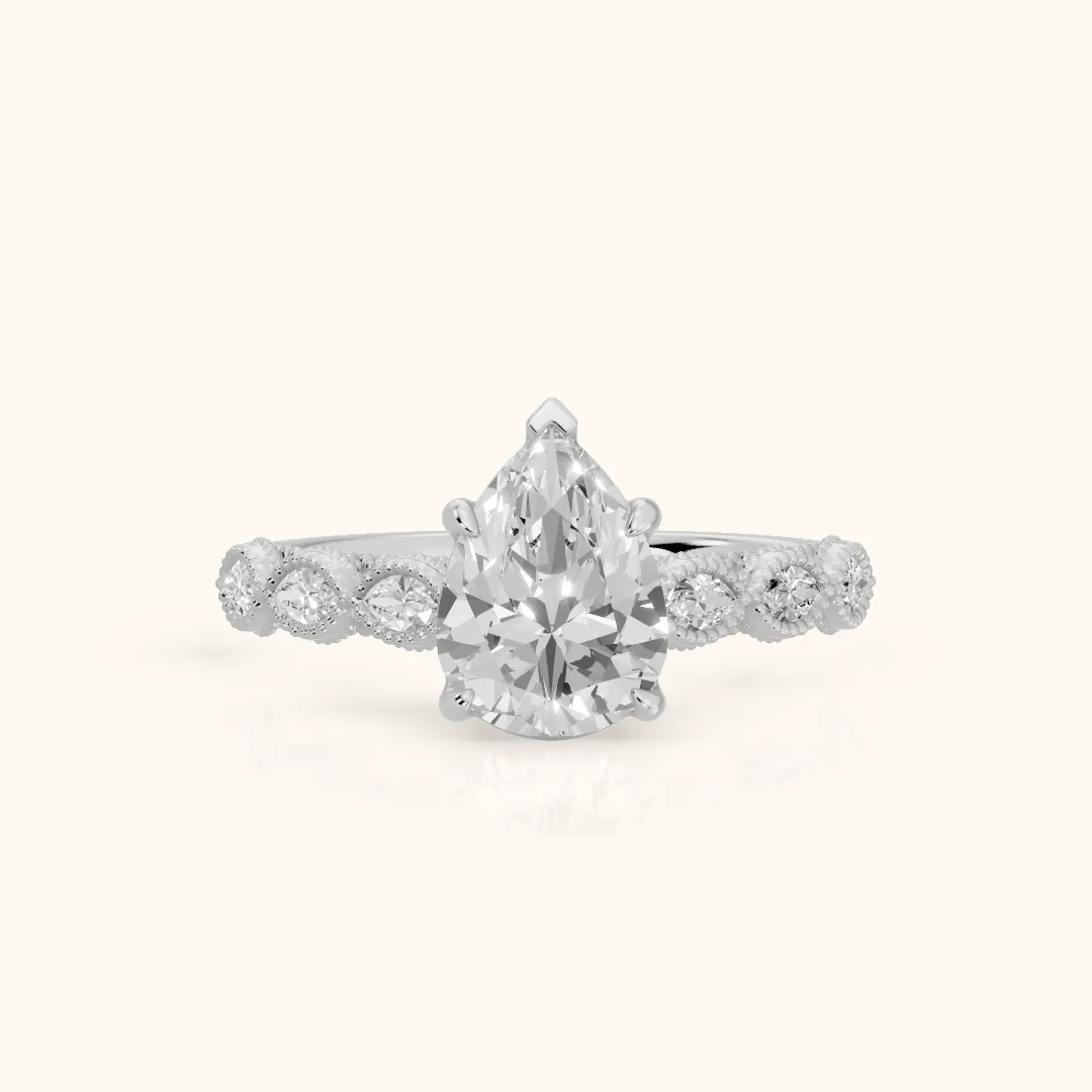 Freya Milgrain Leaf Pear Diamond Engagement Ring in White Gold — view 2