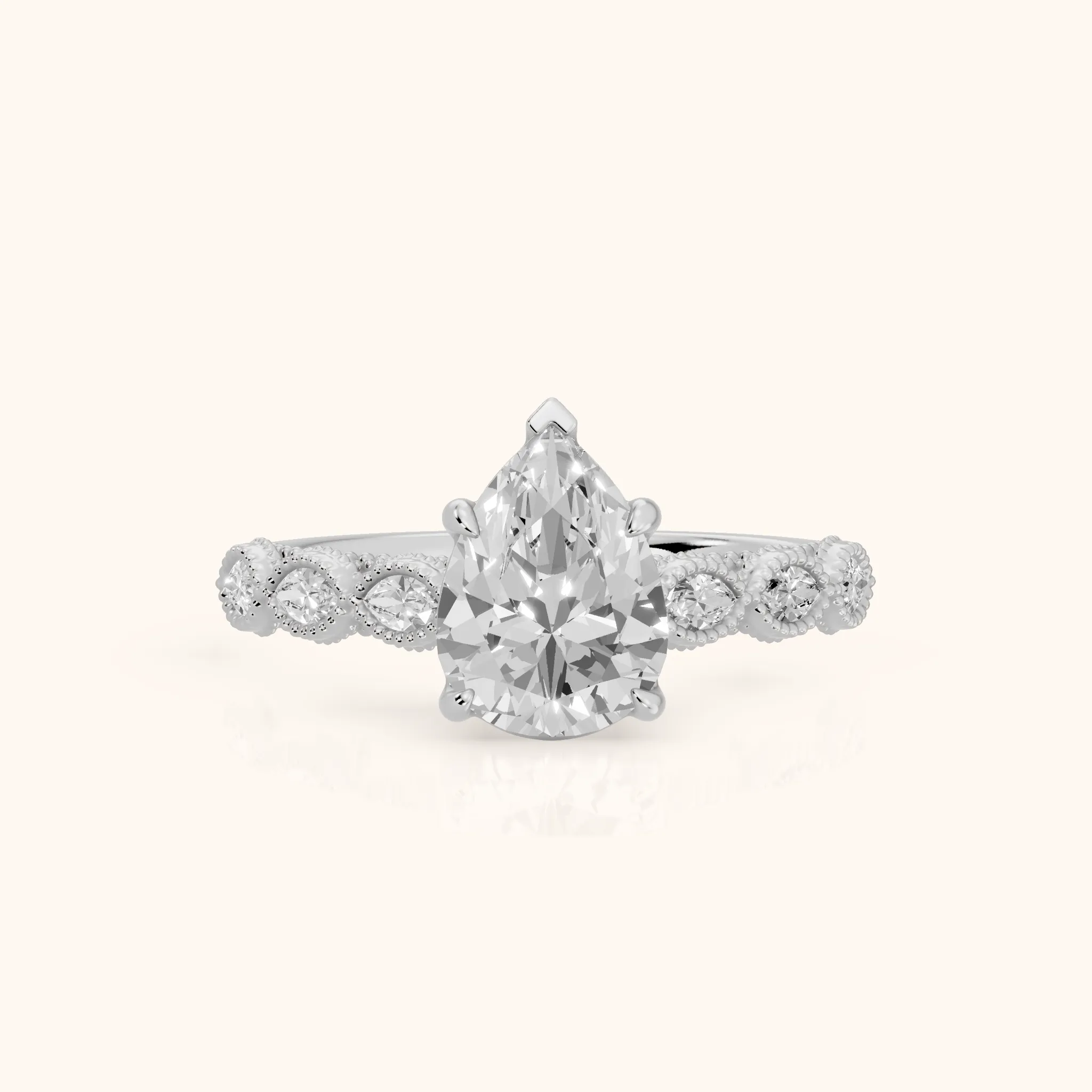 Freya Milgrain Leaf Pear Diamond Engagement Ring in White Gold — view 1