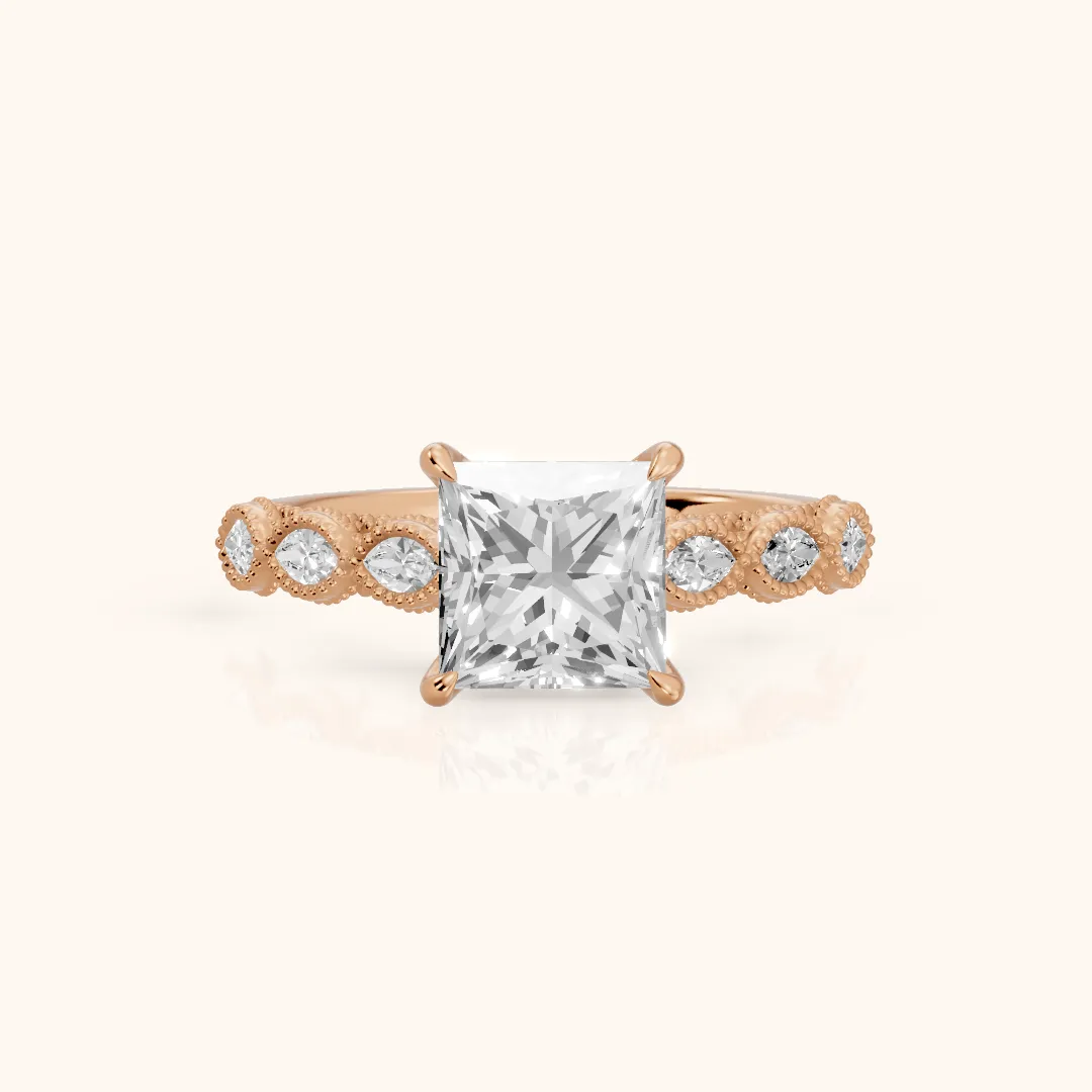 Freya Milgrain Leaf Princess Diamond Engagement Ring in Rose Gold — view 2