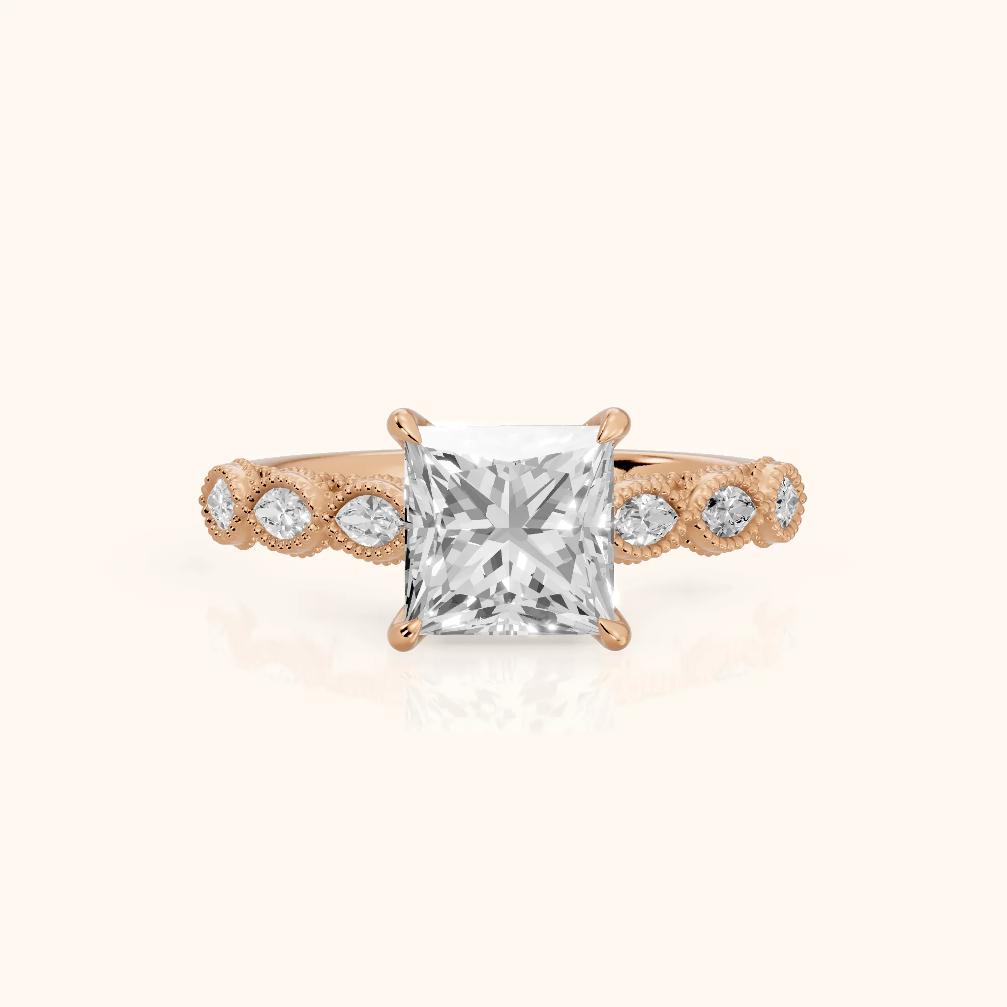 Freya Milgrain Leaf Princess Diamond Engagement Ring in Rose Gold — view 1
