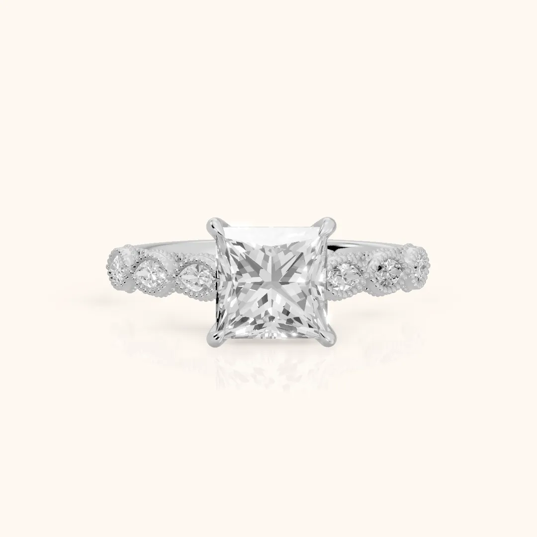 Freya Milgrain Leaf Princess Diamond Engagement Ring in White Gold — view 2