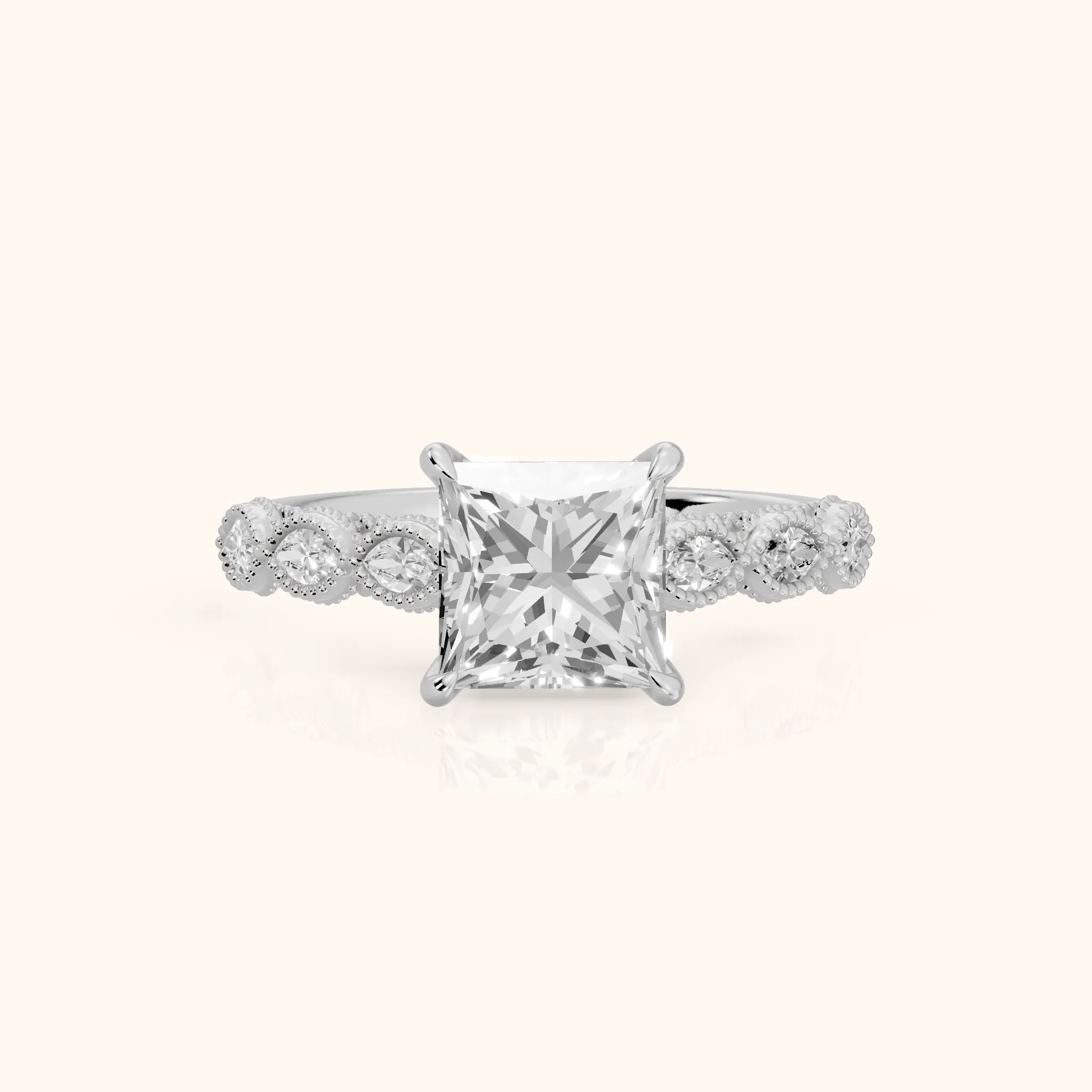 Freya Milgrain Leaf Princess Diamond Engagement Ring in White Gold — view 1
