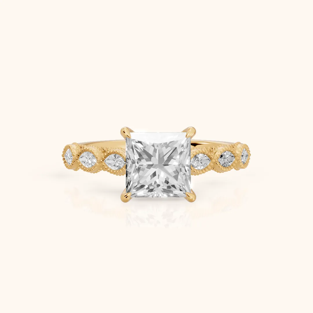 Freya Milgrain Leaf Princess Diamond Engagement Ring in Yellow Gold — view 2