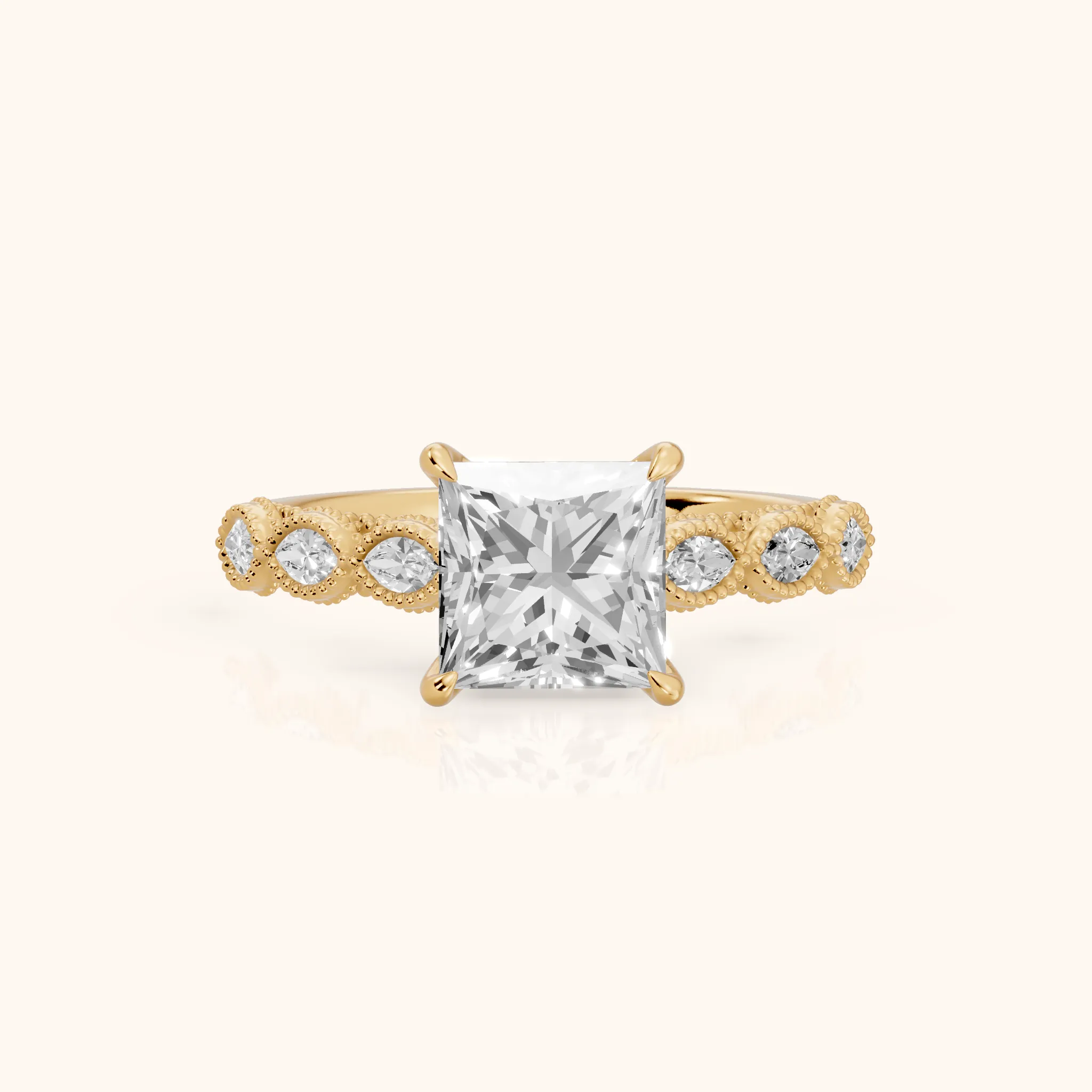 Freya Milgrain Leaf Princess Diamond Engagement Ring in Yellow Gold — view 1