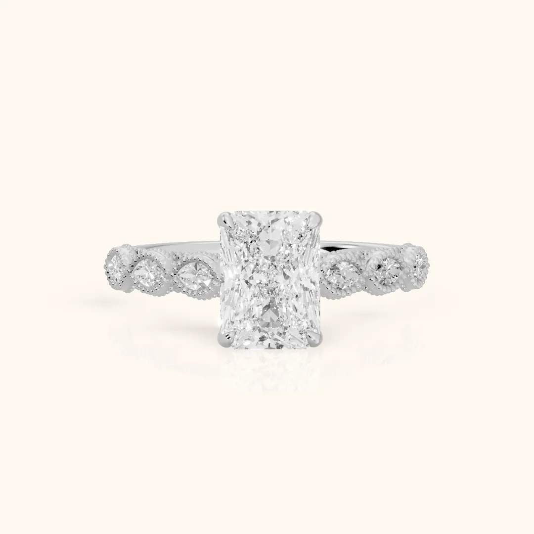 Freya Milgrain Leaf Radiant Diamond Engagement Ring in Silver — view 2