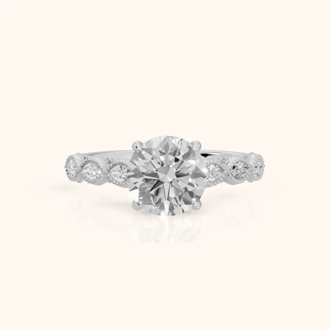 Freya Milgrain Leaf Round Diamond Engagement Ring in Silver — view 2