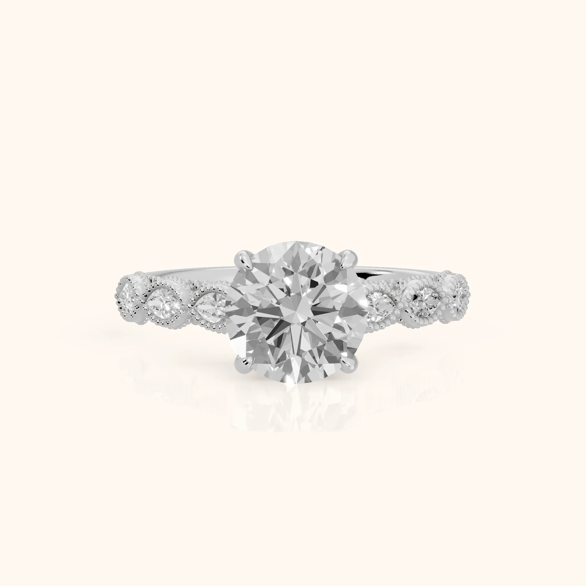 Freya Milgrain Leaf Round Diamond Engagement Ring in Silver — view 1