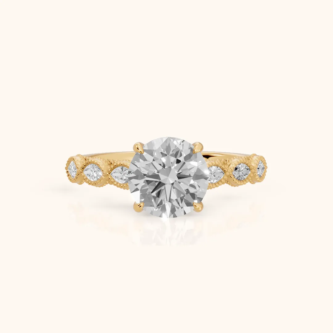 Freya Milgrain Leaf Round Diamond Engagement Ring in Yellow Gold — view 2