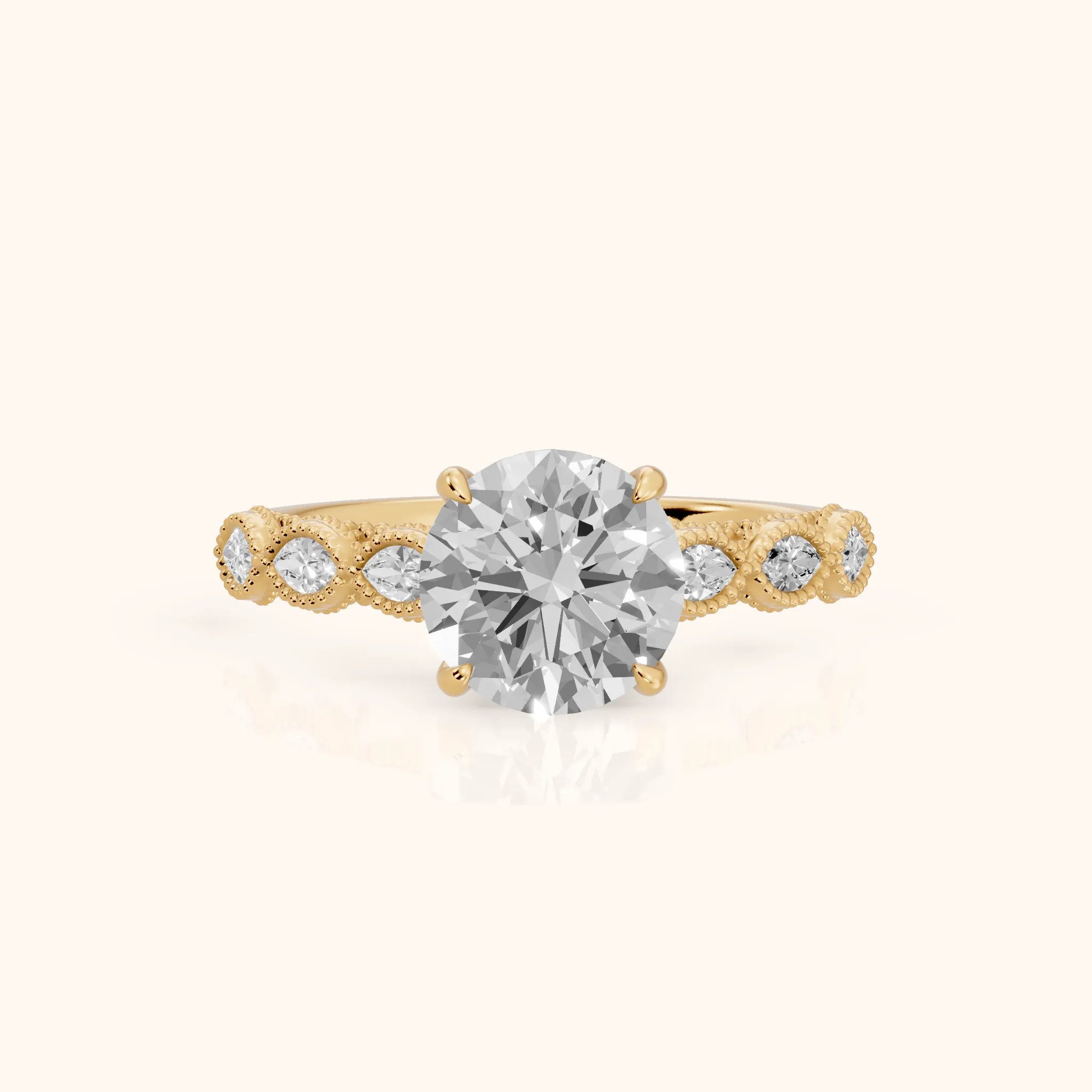 Freya Milgrain Leaf Round Diamond Engagement Ring in Yellow Gold — view 1