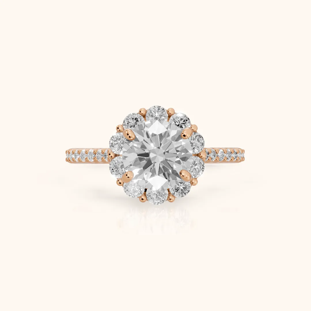 Hallie Floral Halo Round Diamond Engagement Ring in Rose Gold — view 2