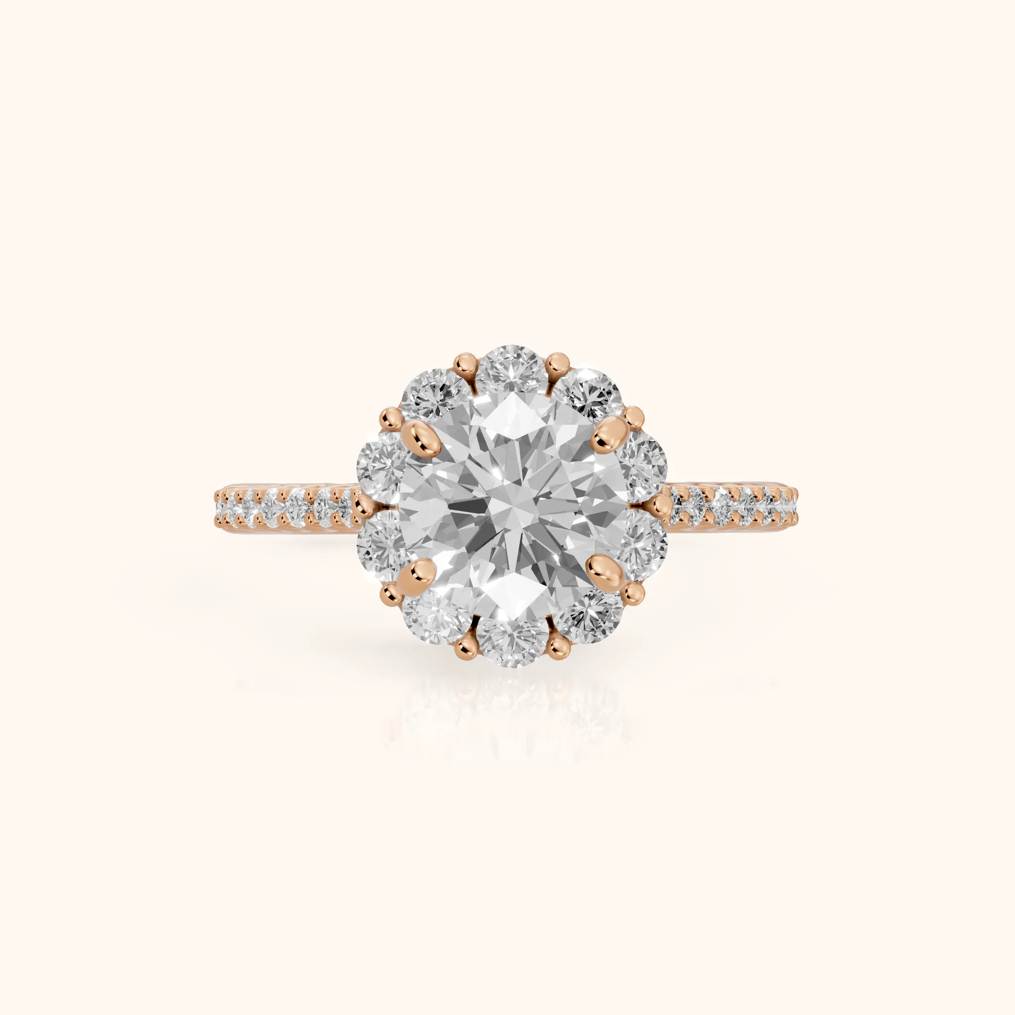 Hallie Floral Halo Round Diamond Engagement Ring in Rose Gold — view 1