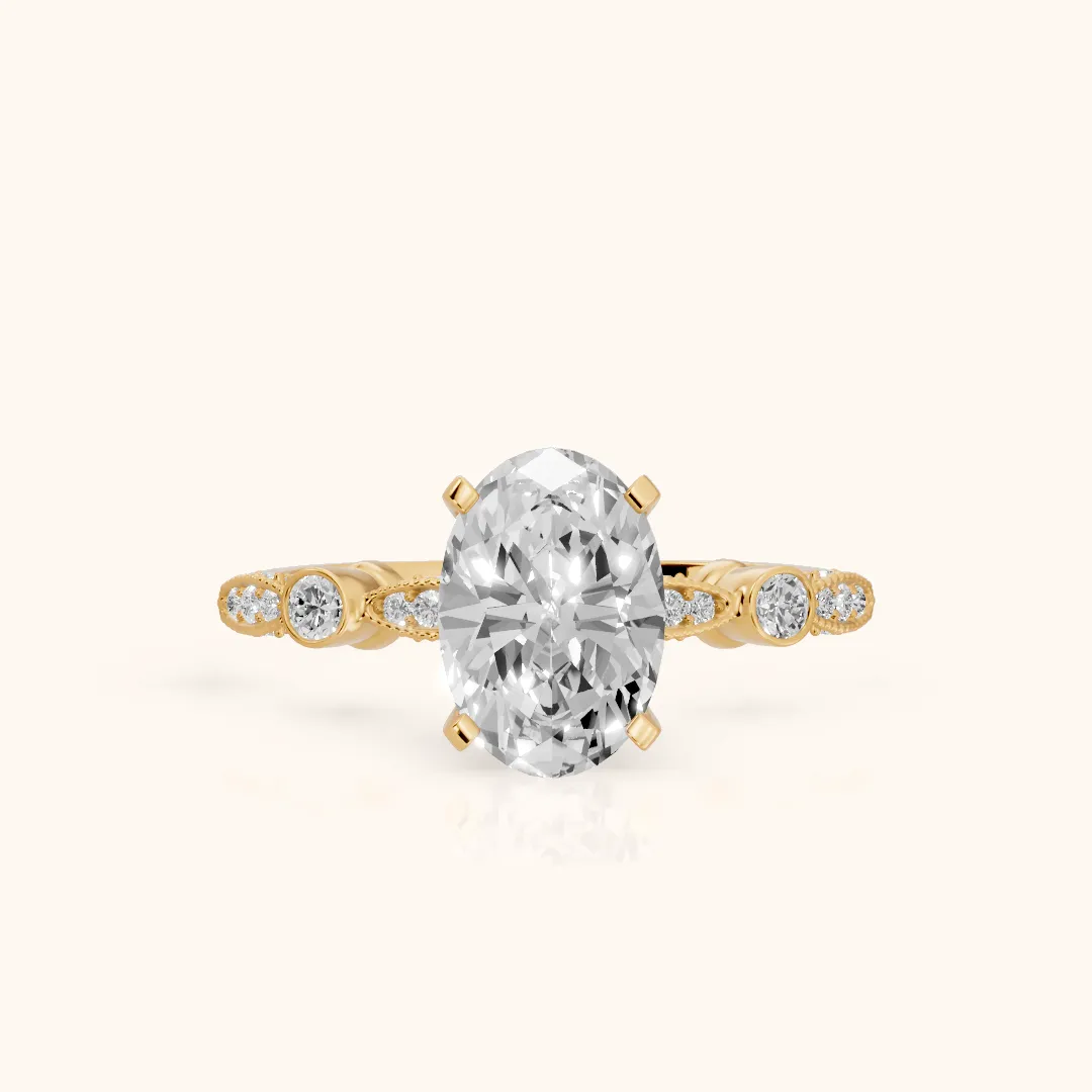 Heidi Vintage Milgrain Oval Diamond Engagement Ring in Yellow Gold — view 2