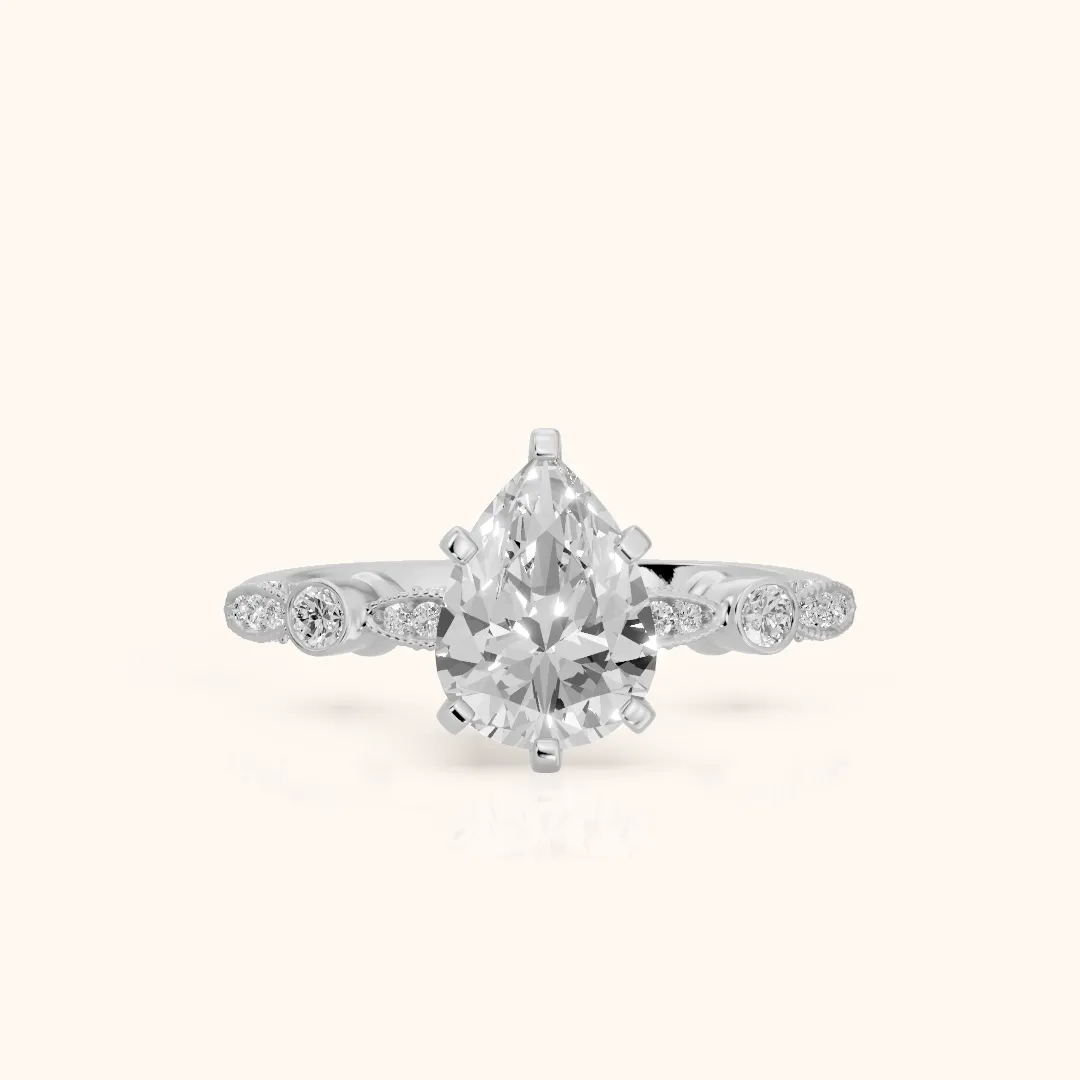 Heidi Vintage Milgrain Pear Diamond Engagement Ring in Silver — view 2