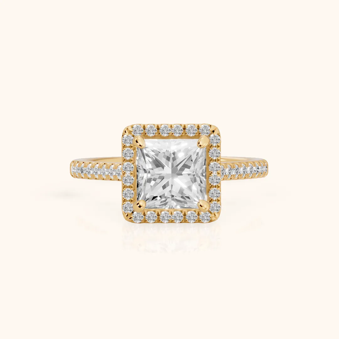Jodie Halo Pavé Princess Diamond Engagement Ring in Yellow Gold — view 2