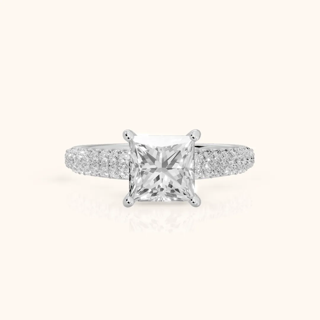 Kelly Wide Band Pavé Princess Diamond Engagement Ring in White Gold — view 2