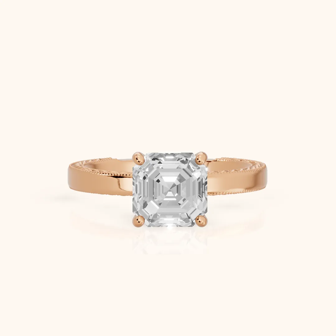 Kerry Engraved Solitaire Asscher Diamond Engagement Ring in Rose Gold — view 2