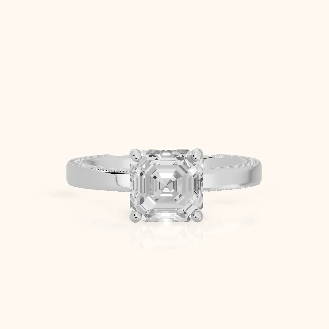 Kerry Engraved Solitaire Asscher Diamond Engagement Ring in Platinum — view 2