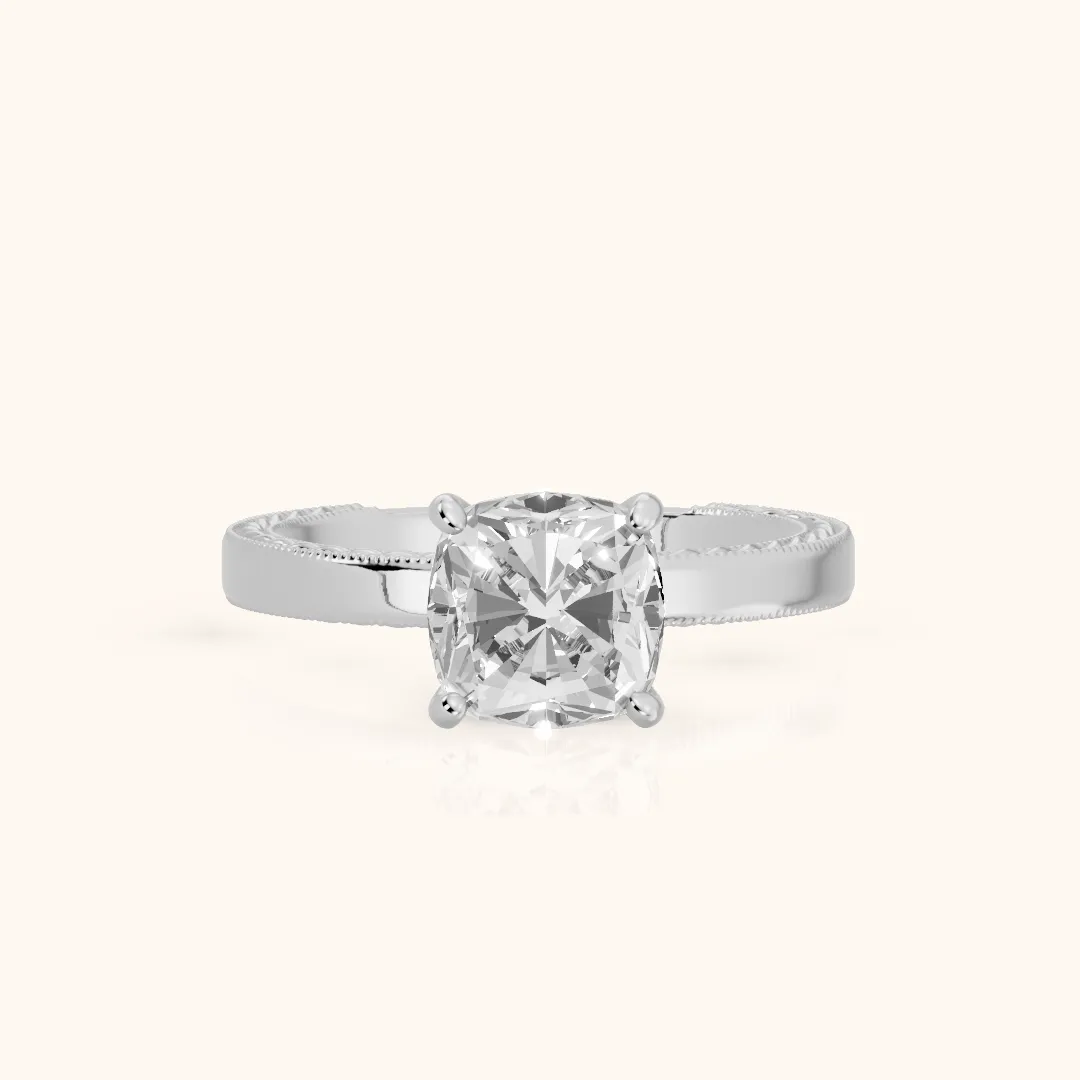 Kerry Engraved Solitaire Cushion Diamond Engagement Ring in Silver — view 2
