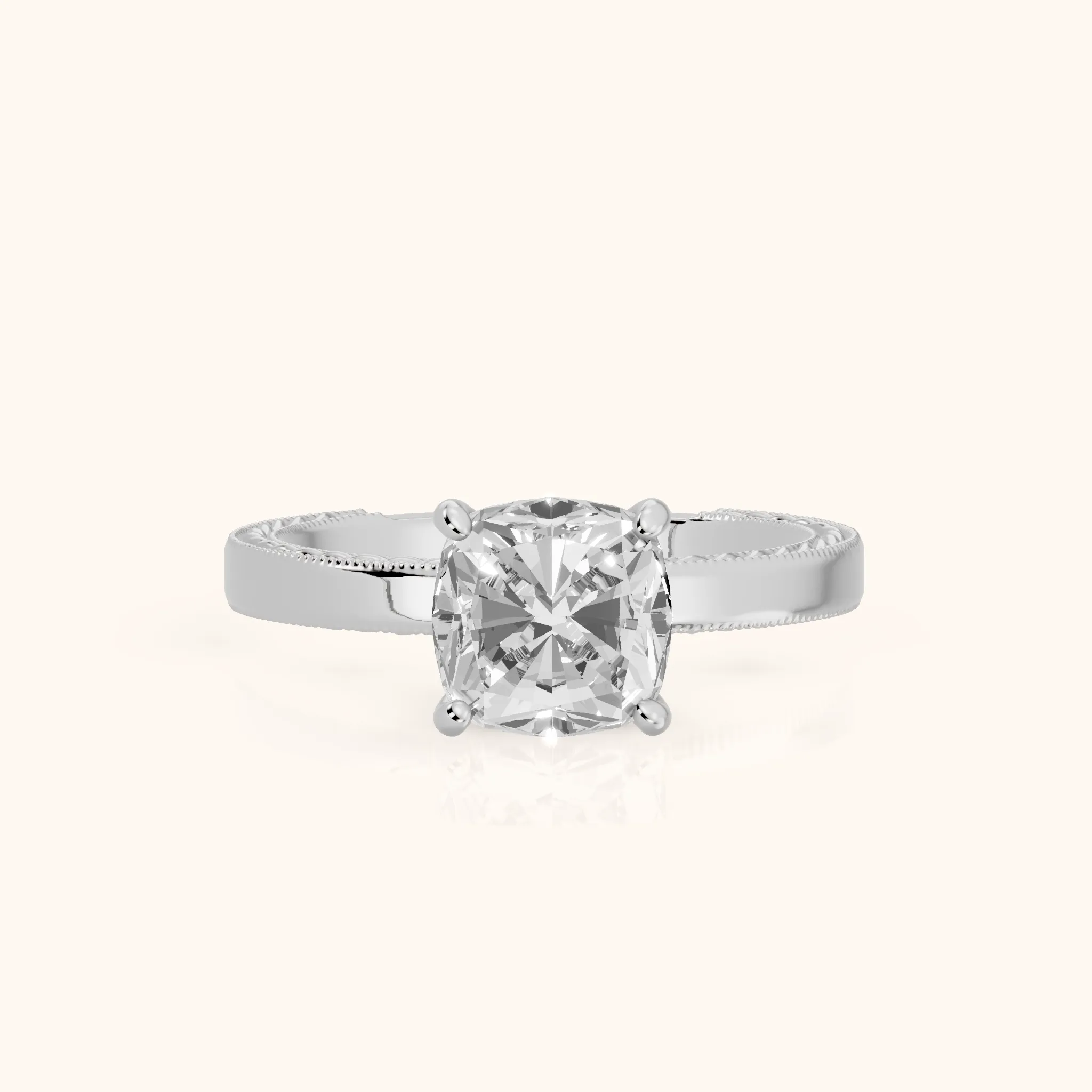 Kerry Engraved Solitaire Cushion Diamond Engagement Ring in Silver — view 1