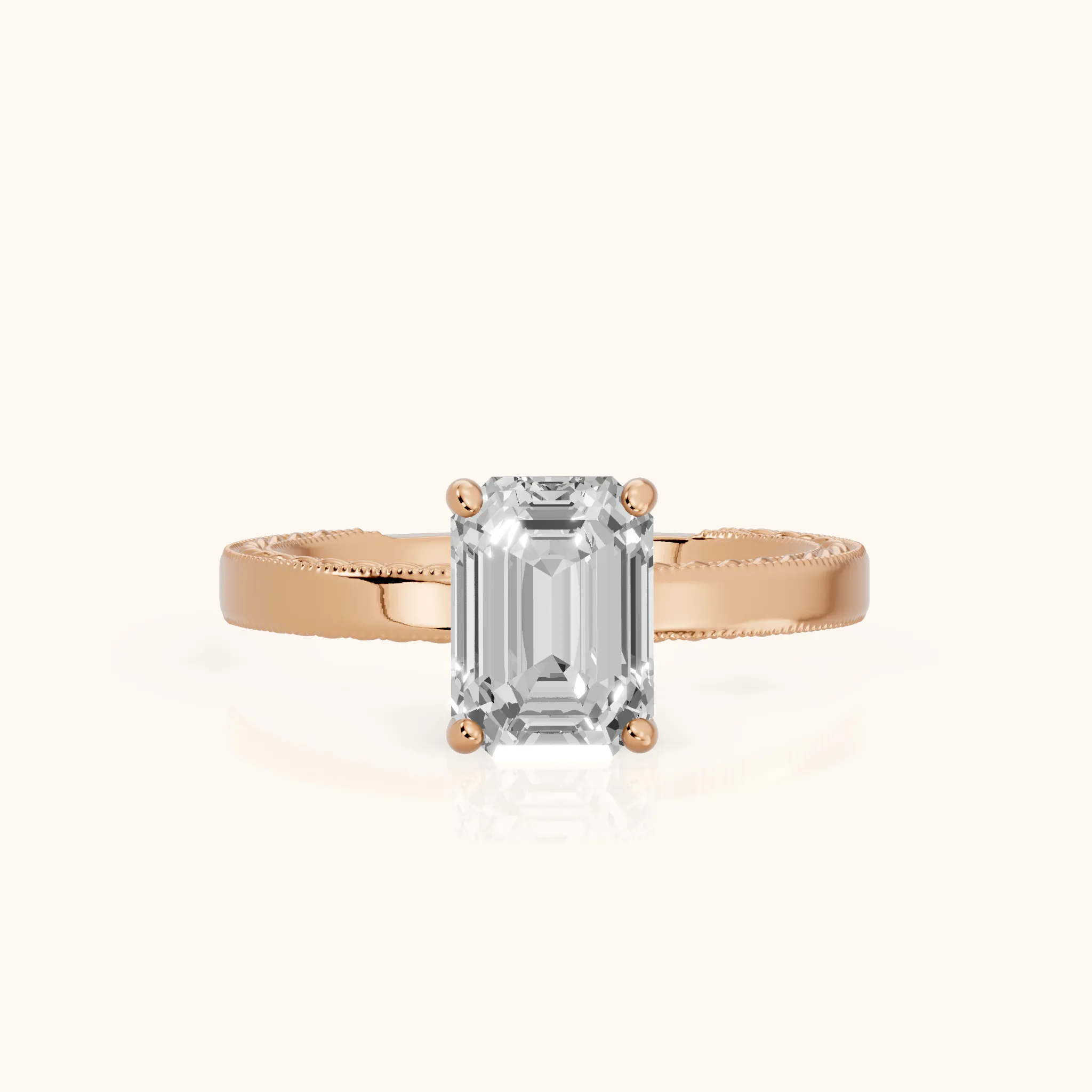 Kerry Engraved Solitaire Emerald Diamond Engagement Ring in Rose Gold — view 1