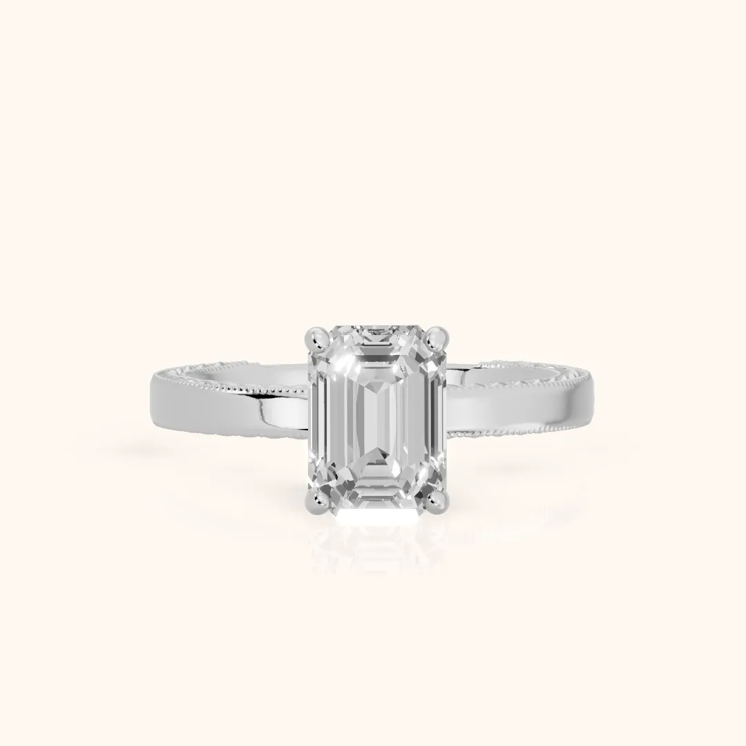 Kerry Engraved Solitaire Emerald Diamond Engagement Ring in White Gold — view 2