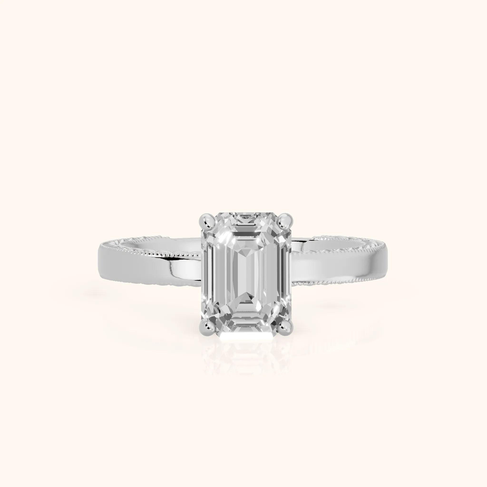 Kerry Engraved Solitaire Emerald Diamond Engagement Ring in White Gold — view 1