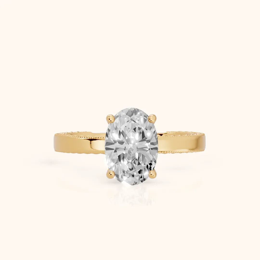 Kerry Engraved Solitaire Oval Diamond Engagement Ring in Yellow Gold — view 2