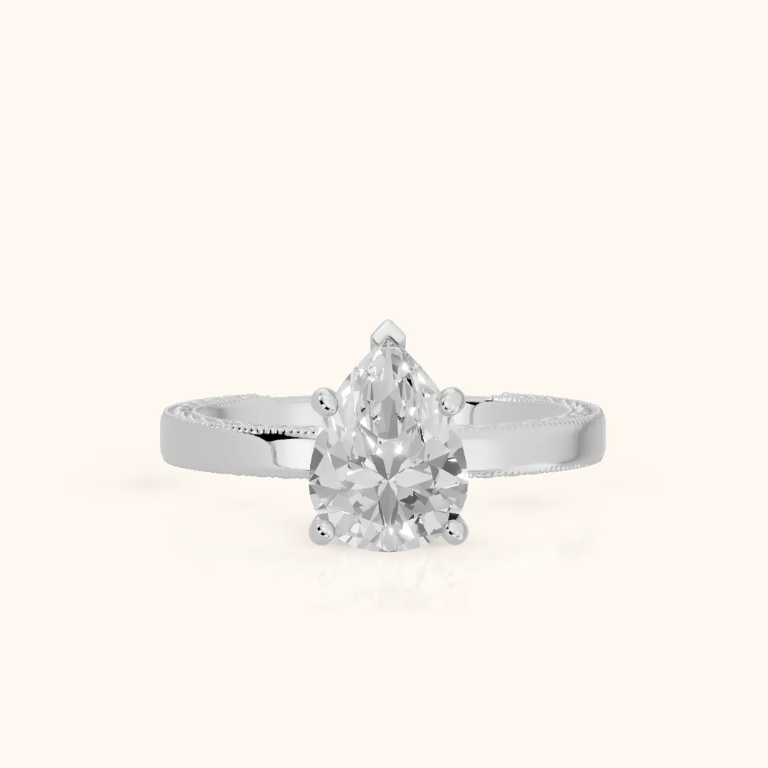 Kerry Engraved Solitaire Pear Diamond Engagement Ring in Silver — view 2