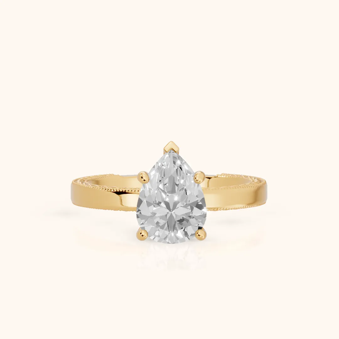 Kerry Engraved Solitaire Pear Diamond Engagement Ring in Yellow Gold — view 2