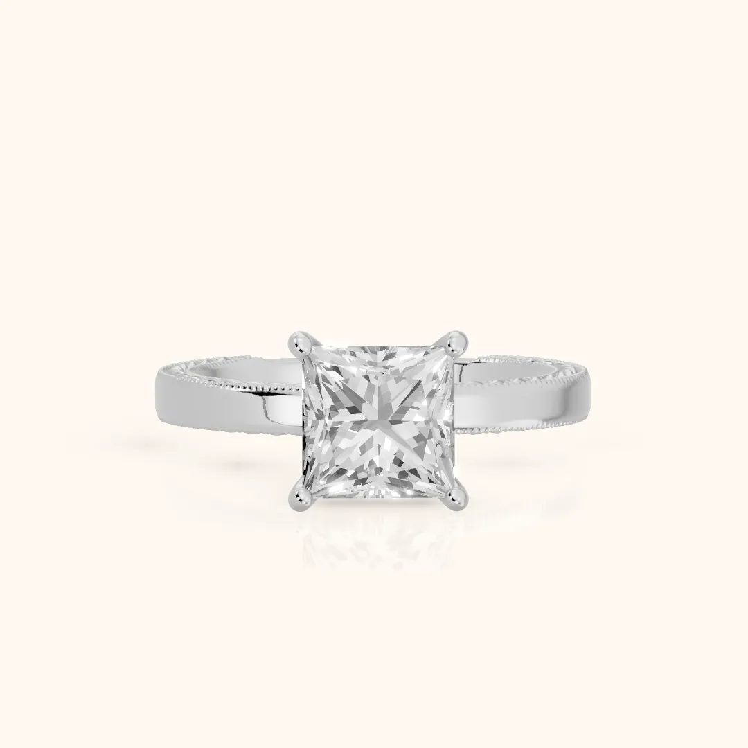 Kerry Engraved Solitaire Princess Diamond Engagement Ring in Platinum — view 2