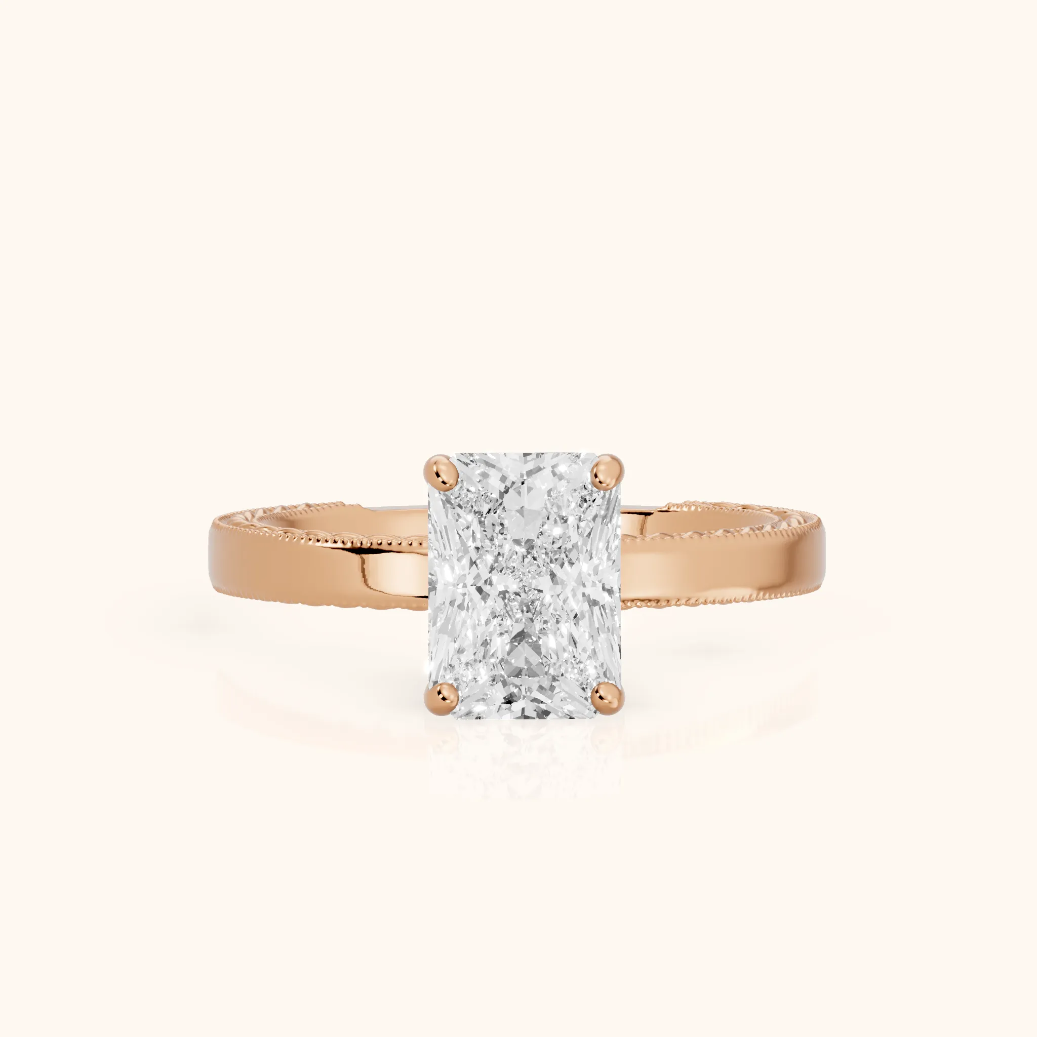 Kerry Engraved Solitaire Radiant Diamond Engagement Ring in Rose Gold — view 1