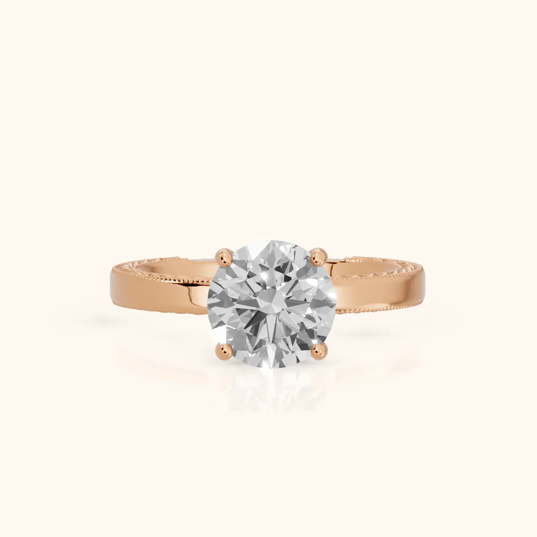 Kerry Engraved Solitaire Round Diamond Engagement Ring in Rose Gold — view 2
