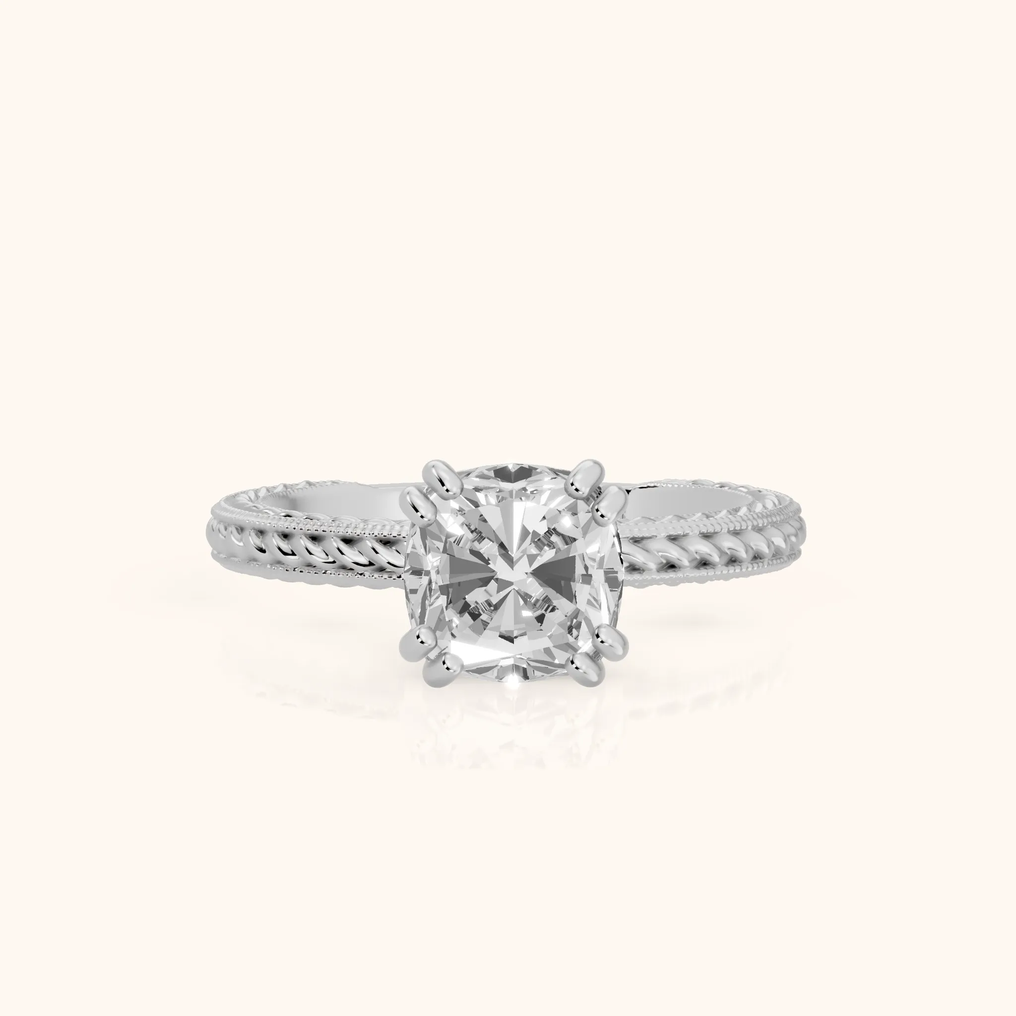 Lacey Rope Solitaire Cushion Diamond Engagement Ring in Silver — view 1