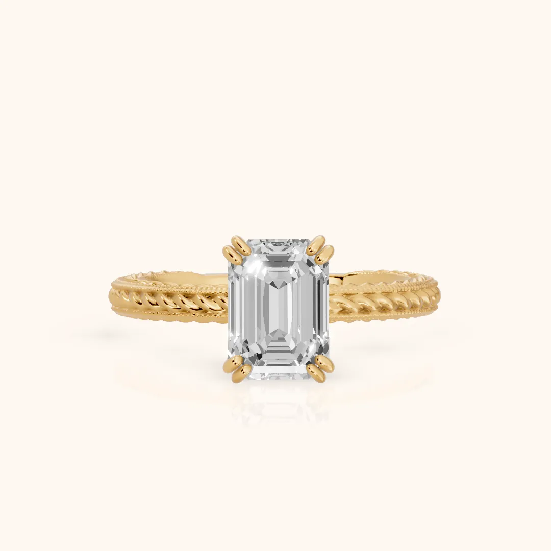 Lacey Rope Solitaire Emerald Diamond Engagement Ring in Yellow Gold — view 2