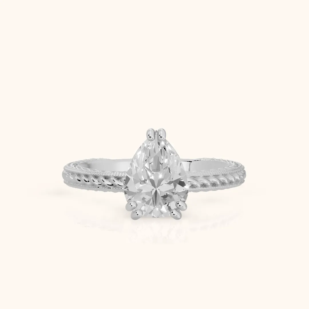 Lacey Rope Solitaire Pear Diamond Engagement Ring in White Gold — view 2