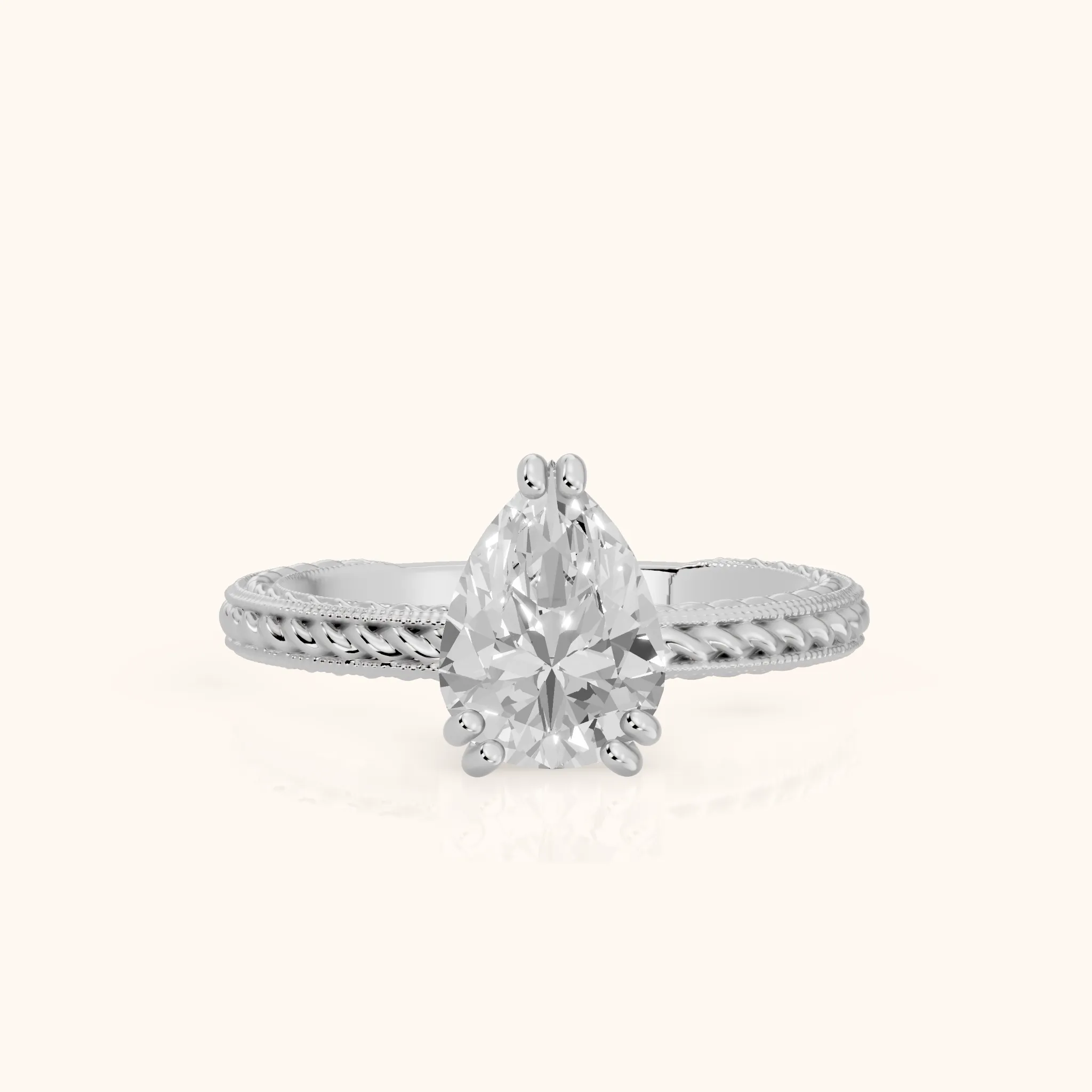 Lacey Rope Solitaire Pear Diamond Engagement Ring in White Gold — view 1