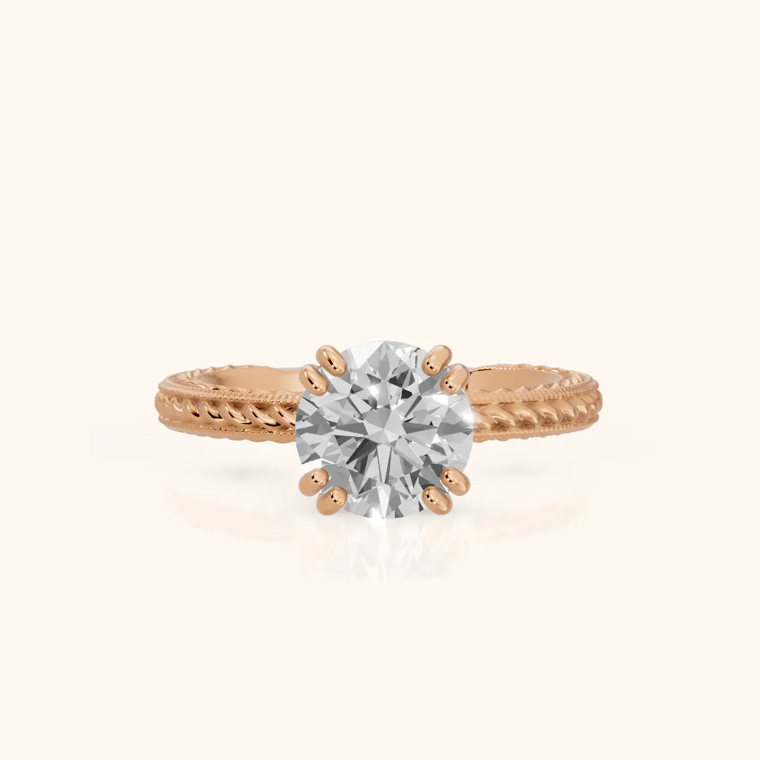 Lacey Rope Solitaire Round Diamond Engagement Ring in Rose Gold — view 2