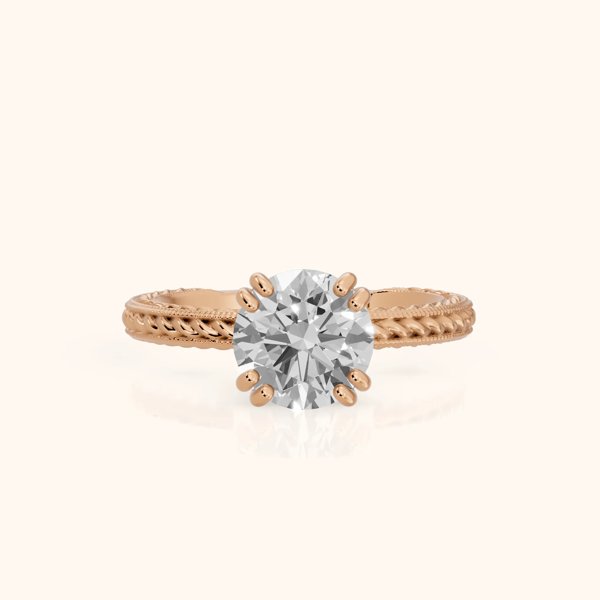 Lacey Rope Solitaire Round Diamond Engagement Ring in Rose Gold — view 1
