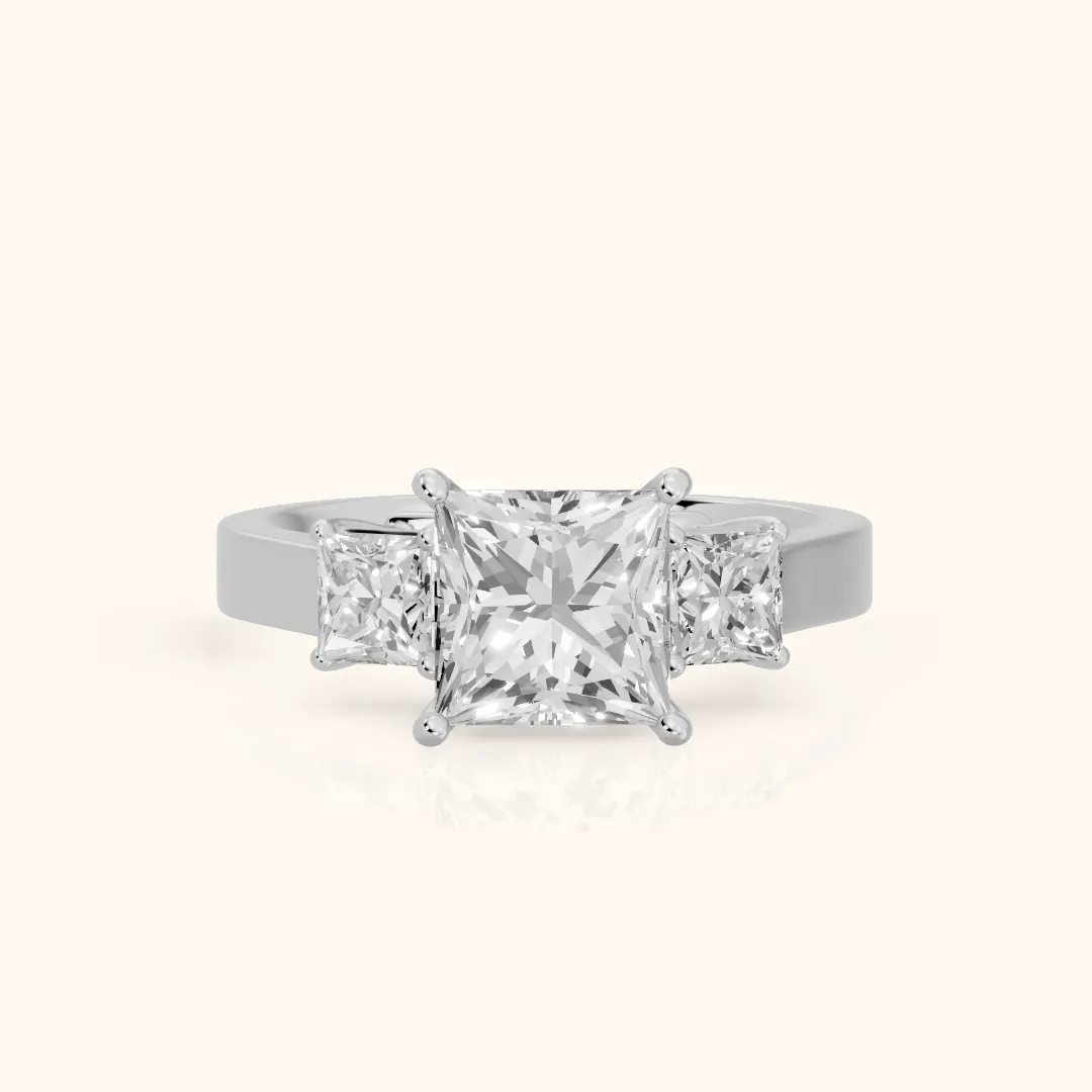Leah Wide Band Three-Stone Princess Diamond Engagement Ring in Platinum — view 2