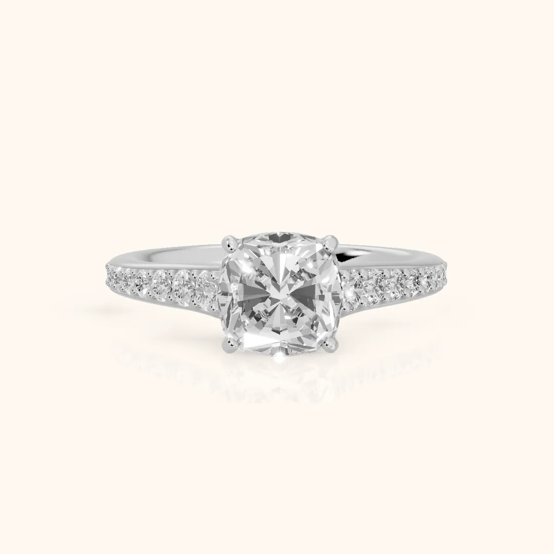 Linda Graduated Pavé Cushion Diamond Engagement Ring in Platinum — view 2